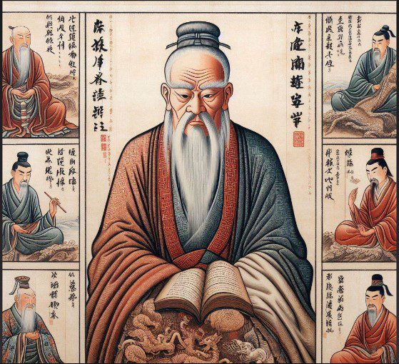 Confucianism philosophy principles depicted in ancient Chinese scrolls